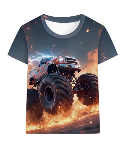 Tkria Boy T-Shirt 3D Graphic Shirt Monster Truck Print Crewneck Cool Short Sleeve Shirt 3-10 Years