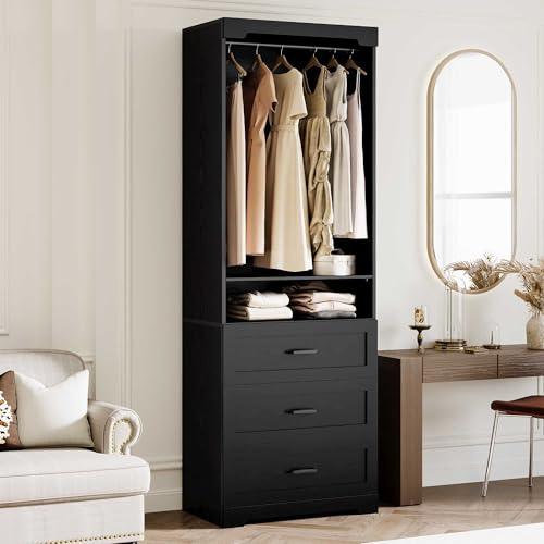 IRONCK Freestanding Closet System with 3 Wood Drawers, Modern Armoire Wardrobe with Adjustable Shelves & Hanging Rod, Walk-in Closet Systems Organizer, Black