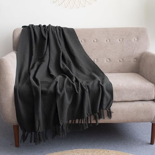 Image of Cotton Sofa Throw Blanket with Tassels 50x60 Inches Decorative Bed Throw for Living Room & Couch (Dark Green, Pack of 1)