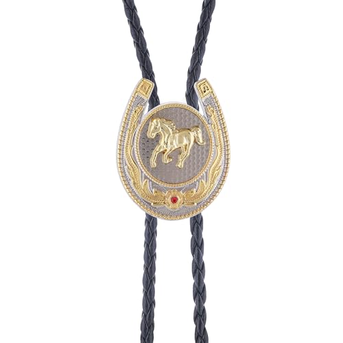 Image of Jeilwiy Bolo Tie for Men, Western Cowboy Golden Longhorn Bull Eagle Horse Cowboy Hat Bolo Necklace Leather Necktie for Women