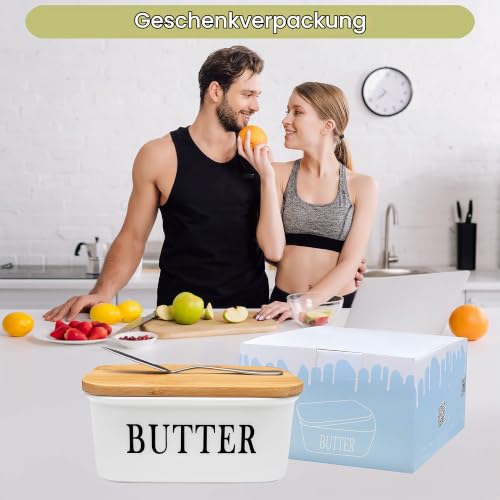 Foto von AngLink Butterdose Porzellan mit Holzdeckel Butterschale Geschirr für 250 g Butter Keramik Multi-Funktion Butter Dish mit Messer Silikonlippe Iuftdicht