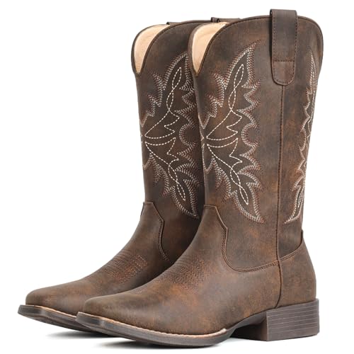 IUV Cowboy Boots for Women Square Toe Western Cowgirl Boots Mid Calf Durable Classic Fashionable Embroidered Pull On Boot