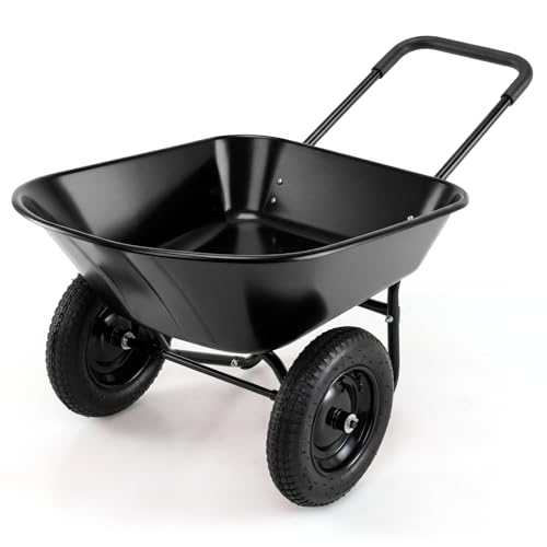 Goplus 2 Wheel Wheelbarrow, Dual Wheel Barrow with 14 inches Pneumatic Rubber Tires, Garden Yard Cart for Gardening Tool, Moving Soil, Wood, Gravel, Mulch