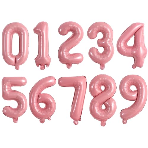 Image of TONIFUL 16 Inch 10 Pcs Light Pink 0-9 Birthday Number Balloons | Small Custom Digital Mylar Foil Ballons for Girl's Birthday Engagement Graduation Anniversary Baby Shower Party Decorations
