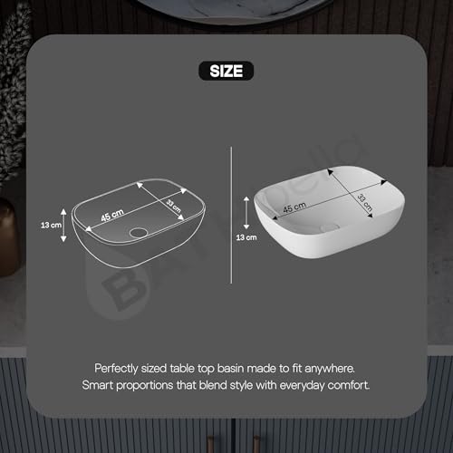 Image of Table Top Ceramic Wash Basin For Bathroom | Rectangular Counter Top Bathroom Sink, Premium Glossy White Above Counter Vanity Basin, Modern Design (18 x 13 x 5 Inch)
