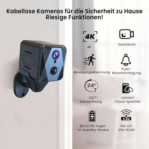 aidowocam Mini Kamera,4K Überwachungskamera Innen, Kamera Überwachung Innen,WiFikamera Live Übertragung Handy APP Für Lange Standby 2800mAh Akku Kamera,Bewegungsmelder/Nachtsicht/Cloud