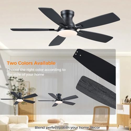 Image of JSAITEE Ceiling Fans with Lights Flush Mount - 46 inch Low Profile Ceiling Fan with 5 Dual-Sided Blades and 6 Speeds 3CCT Dimmable, Modern Indoor Fan Light Fixtures for Bedroom, Kitchen, Black