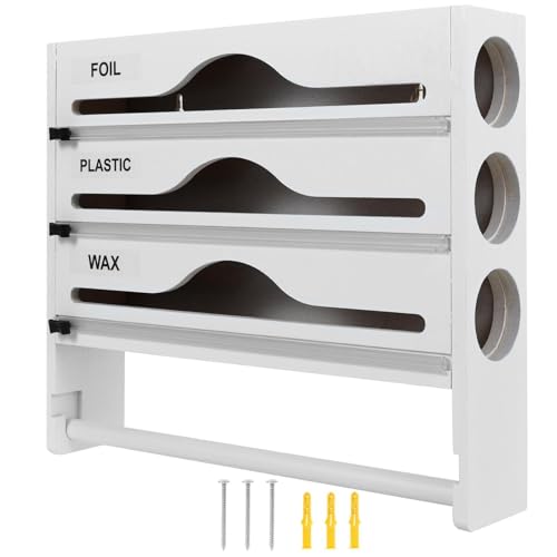 4 in 1 Cling Wrap Dispenser with Cutter Bamboo Foil and Wrap Organiser with Paper Towel Holder Both 30 cm Rolls Waterproof Kitchen Drawer Organiser for Home Kitchen (White)