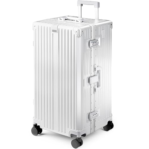 ALPHA CAMP Trunk Luggage Large 28 Inch Thickened Aluminum Frame Luggage with TSA Spinner Wheels 3-Layer PC Hardside Zipperless Travel Suitcase Type-C USB Charging Port Cup Holder Silver