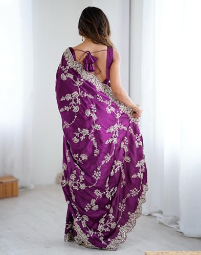 Image of SIRIL Women's Satin Embroidery And Scalloped Border Saree With Unstitched Blouse Piece