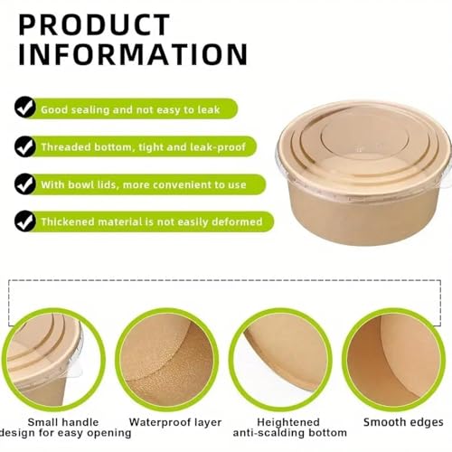 Image of 750 ML Round Brown Paper Food Container with Lids, Disposable Take Out Storage Box for Hot /Cold Foods, Party Supplies for Soup, Salad, Dessert, Pasta, Noodles (20 pcs)