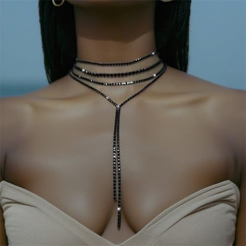 Boho Layered Necklaces for Women Fashion Y Long Neckalce Statement Long Sweater Chain Necklace Black Gold Silver Shiny Rhinestones Choker Necklace Wedding Bridal Jewerly3