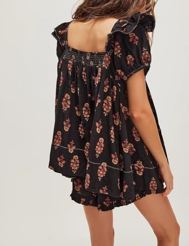 Image of ROAONOCOMO Women Floral Pajama Set Ruffle Puff Sleeve Peplum Shirt Coquette Pj Set Bow Babydoll 2 Piece Shorts Outfit