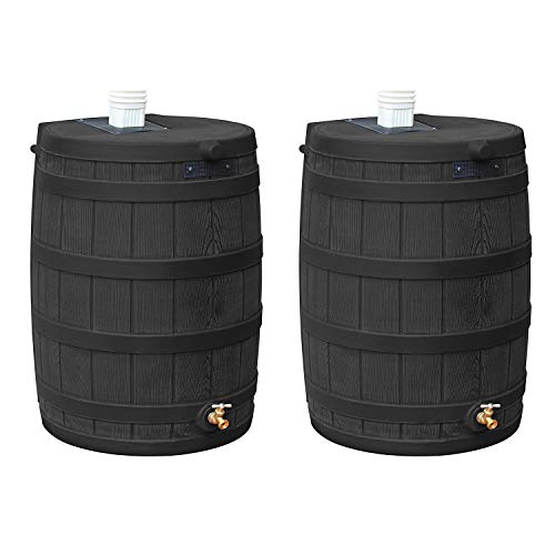 Good Ideas Rain Wizard 50 Gallon Plastic Outdoor Home Water Storage Tank Rain Barrel Collector with Brass Spigot and Flat Back Design, Black, 2 Pack