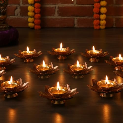 Image of TIED RIBBONS Pack of 8 Brass Akhand Diya Deepak for Decoration - Brass Diya for Puja Oil Puja Lamp - Diwali Decorations Items for Home Decor and Gifts (Golden, 6.8 cm x 6.8 cm)