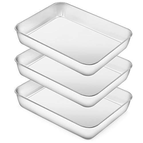 Rectangular Baking Pan Lasagna Pan Set of 3, Deedro 10 Inch Rectangular Cake Pan Stainless Steel Brownie Pan, Deep Baking Pans for Toaster Oven, Healthy & Durable, Brushed Finish & Dishwasher Safe