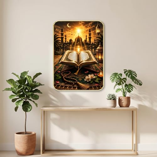 Image of SAF Islamic Quran Mosque Wall Painting with Premium PVC Golden Frame, Sunrise Lantern Prayer Beads Art, Muslim Religious Home Decor for Prayer Room Living Room (13x19 Inch) MG-36048
