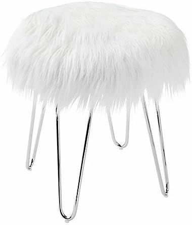 Faux Fur Ottoman in White/Chrome
