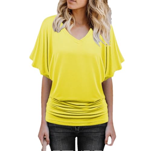 Women's Summer Bating Short Sleeved V-Neck Solid Color T-Shirt Classic Soft and Comfortable Daily Top Yellow S