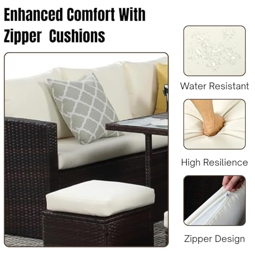 Image of DEVOKO 6 PCS L-Shape Patio Rattan Dining Set with Cushioned Chairs, Ottomans & Wood Dinning Table Top for Porch, Lawn, Garden, Backyard (Dark Brown & Off-White)