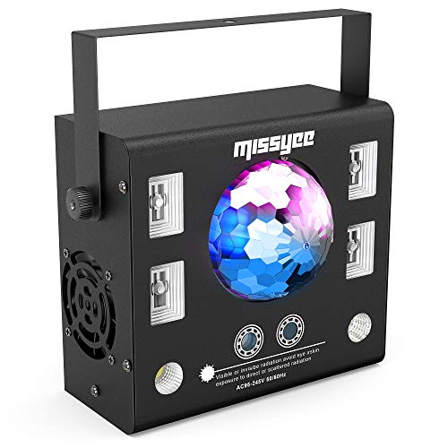 Disco Light Party Light, Missyee DJ Light 4 in 1 with Disco Ball, LED Pattern Light, Strobe Projector Light and UV Light, Sound Activated Stage Light for Home Dance Wedding Event