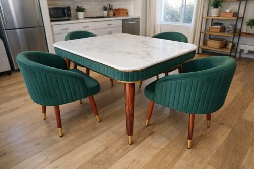 Image of WOODEN SPACE Majestic 4 Seater Wooden Dining Table Set | Urban Marble Top Dining Table with Chairs for Dining Room & Kitchen (Green)