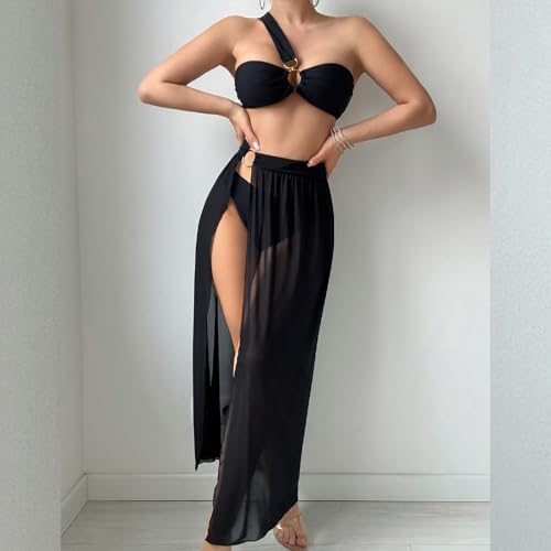Women's 3 Piece Bathing Suits One Shoulder Bikini Set with Cover Up Skirts3