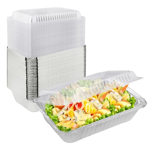 GENHAKON 125 Pack 8.5 x 6 Inch Aluminum Foil Pans, Disposable Aluminum Pans With clear Lids for Baking, Food Prepping, Heating, Storing,Prepping Food, Depth 2 Inch