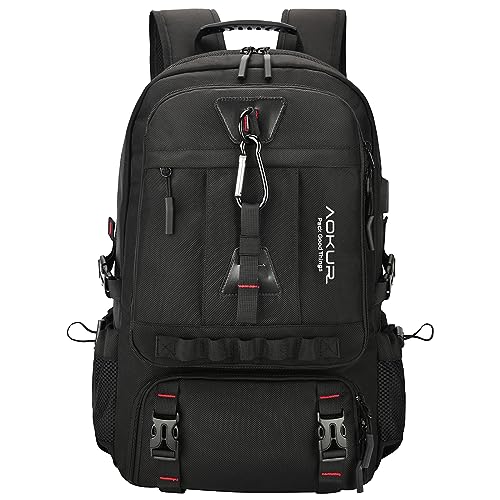 aokur Large Travel Laptop Backpack,50L Expandable Flight Approved Backpack with Wet Bag,17.3 inch Hiking Backpack With Shoe Compartment, Waterproof, Black