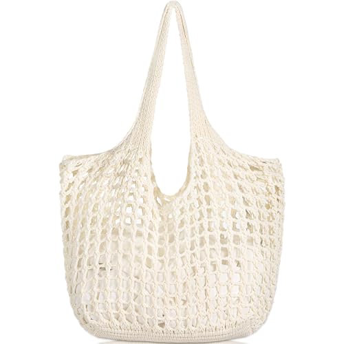 WantGor Crochet Bags Beach Mesh Tote Bag Womens Shoulder Shopping Handbag Casual Travel Totes Bag Foldable Hobo Bags (Cream)