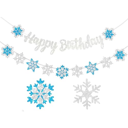 MEISO 2 Pièces Happy Birthday Banner, Neiges Banner Décorations, Bannières de Flocons de Neige, Décorations de Fête d'Anniversaires Party, Décorations de...