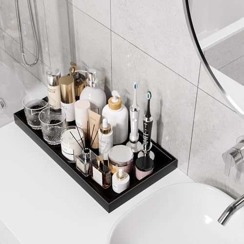 Image of ZHWS Black Bathroom Vanity Tray for Countertop Perfume Makeup Jewelry Candle Decor, Kitchen Tray for Soap Dispenser Spice Salt, Large Black Tray for Toilet Tank Paper, Serving Nightstand 13 inchx6.5 inch