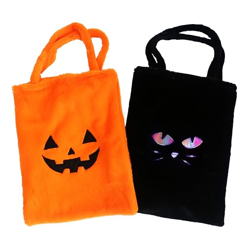 Sac à bonbons Halloween en peluche lot de 2 grand format citrouille et chat noir 39x30 cm