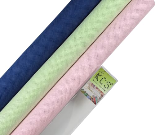 Image of KCS 3 pc of 15 inch x 18 inch(38cmx45cm) 18 Count Cross Stitch Cotton Aida Cloth Needlework Rolled Fabric Box,18CT,Royal Blue+Light Green+Pink