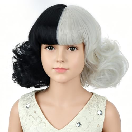 Kids Half Black White Wig with Bangs Short Curly Wavy Black and White Wigs Split Wigs Cosplay Costume Party Wig Cap Include