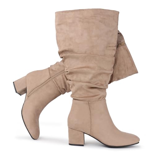 Chicblooms Women's Extra Wide Calf Dress Boots Slouchy Suede Boots with Block Heel, Taupe Suede, 8 M US