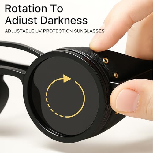 Adjustable Tint Steampunk Sunglasses – ND Filter, UV400 Polarized – Retro Round Shades, Leather Side Shields4