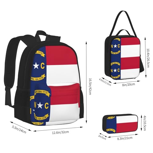 North Carolina State Flag Print 3 Piece Backpack Set, Laptop Daypack, Lightweight Bookbag Set With Lunch Bag Pencil Case3