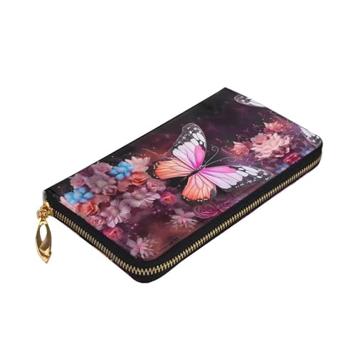 Leather Wallet 7.48 x 4.13 in - Stylish and Durable Wallet for Women with Multiple Compartments and Zipper Design Butterflies and Flowers Pattern3