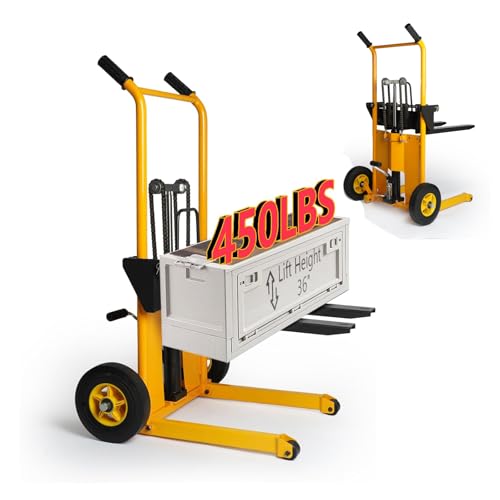 Legines Foldable Hydraulic Material Lift Truck Carrier Manual Lift Stacker Forklift Pallet Stakcer 450 lbs Capacity 36" Lift Height with Adjustable Forks and Fixed Legs,Pallet Truck Dolly.