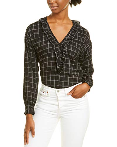 La Vie Rebecca Taylor Long Sleeve Plaid Ruffle Top Black Combo MD