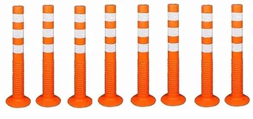Flexible Plastic Spring Post Barrier High Grade Polymer Material With 3 White Reflective Tapes Easy To Install Safety T- Top Bollard Barrier Parking Block (Orange) (Pack of 8) Parking Post
