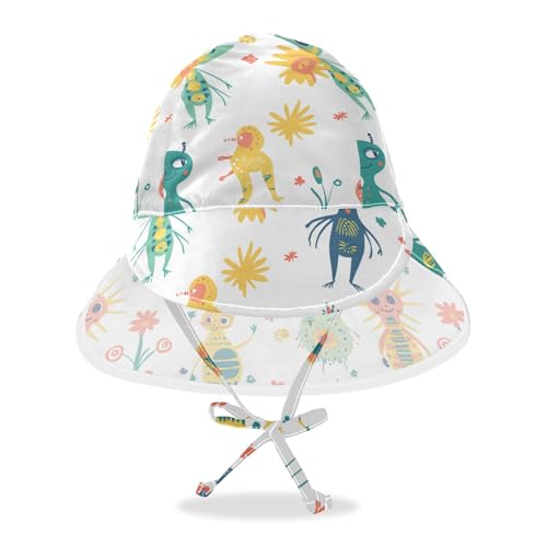 KLL Toddler Boy Girl Beach Hats Boys Beach Play Hats Baby Girls UPF 50+ Large Brim Traveling Camping Hat Cartoon Funny Aliens White