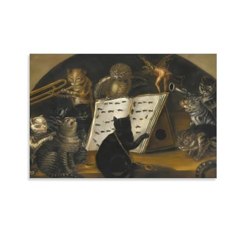 Vintage Baroque Cats Learning Mouse Catching From Owl Antique Lombard School 1700 Canvas Printing Wall Art Prints Wall Decor Posters Scandinavian Bohemian Decor 16x24inch(40x60cm)