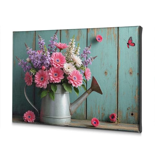 Toile décorative Pâques tableau fleurs arrosoir fond bois 30x40