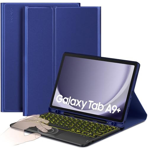 CACOE Étui Clavier Compatible avec Samsung Galaxy Tab А9 Plus 2023 11 Pouces avec Pavé Tactile, Éclairage 7 Couleurs Clavier AZERTY sans Fil Amovible, Bleu...