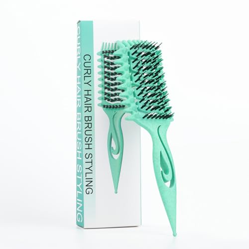 Curl Defining Brush, Curly Hair Brush for Detangling Shaping and Styling Curly Hair, Vented Candy Brush for Wet or Dry Hair Types for Women and Girl, Defining with Side Gear, Reduces Frizz (Green)
