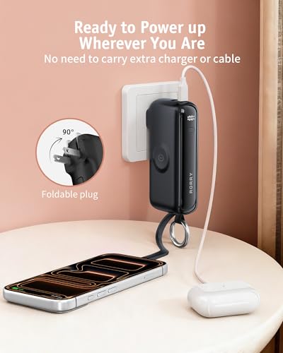 Image of RORRY Flow Portable Charger 10000mAh 40W Wall Plug Power Bank Battery Pack | Built-in USB-C Cable, Keychain Design, Fast Charging, for iPhone 17 /16 /15, Apple Watch, iPad, 3-in-1, Travel Essential