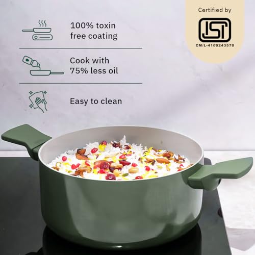 Ember Cookware Arcilla Ceramic Dutch Oven 24cm | 5 Litre Non Stick Non Toxic Pot with Lid | ISI Certified | Ceramic Cookware | Biryani Pot | 1x Spatula | PFAS & PTFE Free | Induction Safe | Green