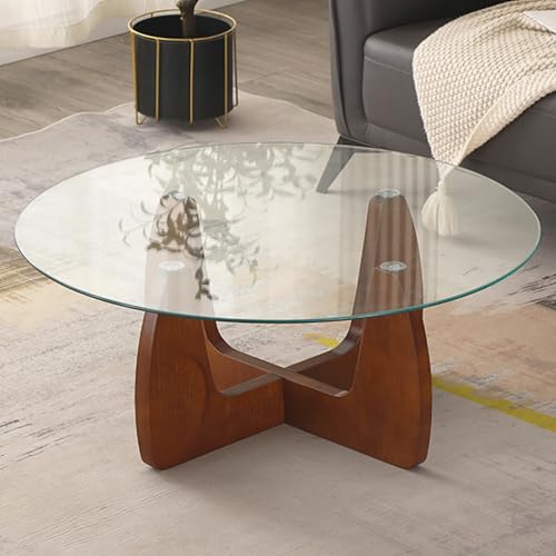 Mesa de centro para sala de estar, mesa de centro redonda de cristal de 31.5 pulgadas, moderna mesa circular para espacio pequeño, mesa central única con patas de madera maciza, mesa de centro rústica